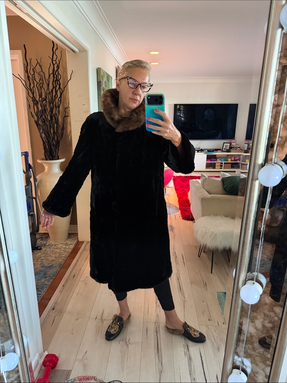 Black Fur Coat with Brown Fur Collar - Women's Luxe Outerwear
